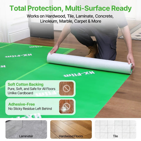 Person unrolling Heavy Duty Floor Protector For Construction And DIY, 39x100 Inch Waterproof Carpet Shield For Hardwood Floors, Green