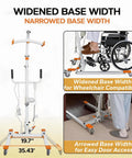 Premium Electric Patient Lift With Ergonomic Breathable Slings, showing widened base for wheelchair compatibility and narrowed base for door access.