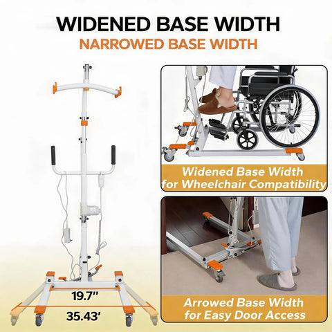 Premium Electric Patient Lift With Ergonomic Breathable Slings, showing widened base for wheelchair compatibility and narrowed base for door access.