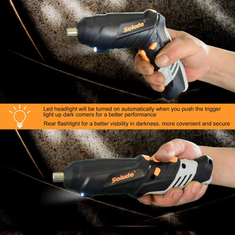 Person holding a 3.6V cordless screwdriver from the 130 Piece Home Tool Kit With 3.6 Volt Cordless Screwdriver For New Home And Apartment DIY Projects College Dorm Essentials Includes Spirit Level Hammer Pliers Sockets And More For Quick Home Fixes, showing LED light feature.