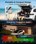 Level Two Portable Ev Charger Delivering Straight Up 3.5 Kw Adjustable 16 Amp Output with car and beach background.