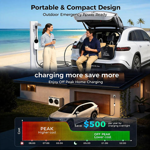 Level Two Portable Ev Charger Delivering Straight Up 3.5 Kw Adjustable 16 Amp Output with car and beach background.