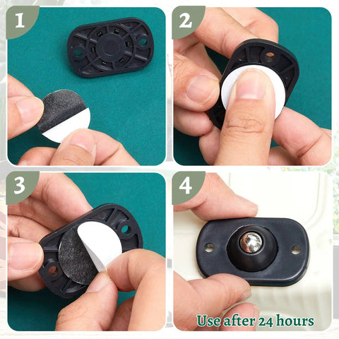 Self Adhesive Caster Wheels Black Stainless Steel rolling casters installation steps for easy peel and stick application.