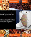 Heavy Duty Stainless Steel Food Dehydrator For Fruits Veggies And Meats With Killer 360 Airflow Plus Straight Up Temp Control and display of dried snacks.