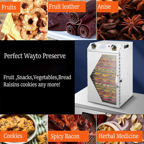 Heavy Duty Stainless Steel Food Dehydrator For Fruits Veggies And Meats With Killer 360 Airflow Plus Straight Up Temp Control and display of dried snacks.