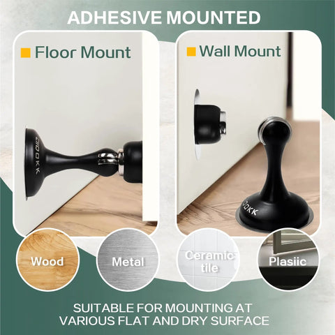 Magnetic Door Stopper 2 Pack Stainless Steel Door Holder For Wall Or Floor Mounting Keeps Doors Open No Drilling With Adhesive Tapes Heavy Duty Silver, showing floor and wall adhesive mounting.