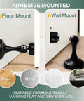 No Sweat Magnetic Door Stoppers 2 Pack Rustproof Stainless Steel Peel Strip Dual Mount Wall And Floor Anchor shown in floor and wall mounts.