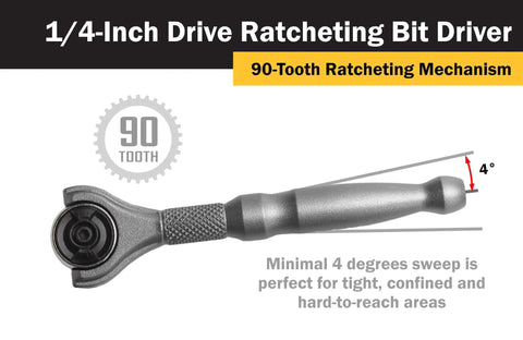 Compact 1/4-Inch Drive 4-Inch Swivel Head Micro Ratcheting Bit Driver With 90-Tooth Reversible Mechanism, silver finish, 4 degree sweep