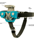 Blue foot ascender with toothless dual cams, black straps, showing details for reduced rope wear and drag, compatible with 8-13mm ropes.