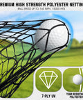 Close-up of golf ball hitting 10 By 10 Ft Golf Net With Target Pocket For Home Practice, durable polyester, green background.