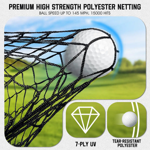 Close-up of golf ball hitting 10 By 10 Ft Golf Net With Target Pocket For Home Practice, durable polyester, green background.