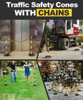 Four images showing Six Pack Traffic Delineator Posts With Fillable Bases And Expandable Safety Barrier Chain in various settings.
