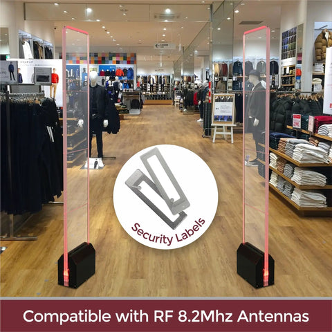 Retail store with EAS checkpoints showing Clear RF 8.2MHz Security Label For EAS Checkpoints, 2.55 X 0.78 Inch Paper Sticker