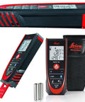 Knock It Outta The Park With This Bluetooth Laser Distance Measurer Featuring Smart Target And Bright Display For 330 Foot Range Dead On 1/16 Inch Precision Seven Modes Iso Certified Rig shown with batteries and case.