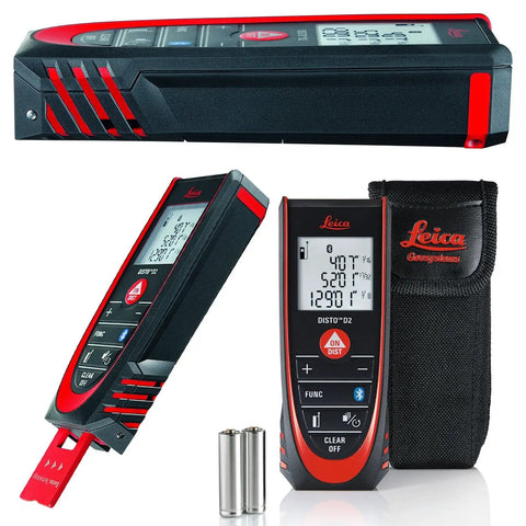Knock It Outta The Park With This Bluetooth Laser Distance Measurer Featuring Smart Target And Bright Display For 330 Foot Range Dead On 1/16 Inch Precision Seven Modes Iso Certified Rig shown with batteries and case.