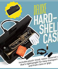 Bb Standard Trumpet Starter Kit In Gold For Beginners With Smooth Valves, Durable Lacquer Finish, Easy To Play Design, And Eye Catching Shine For Practice, School Band Or Band Camp. Open hard shell case with gold trumpet, gloves, cleaning kit