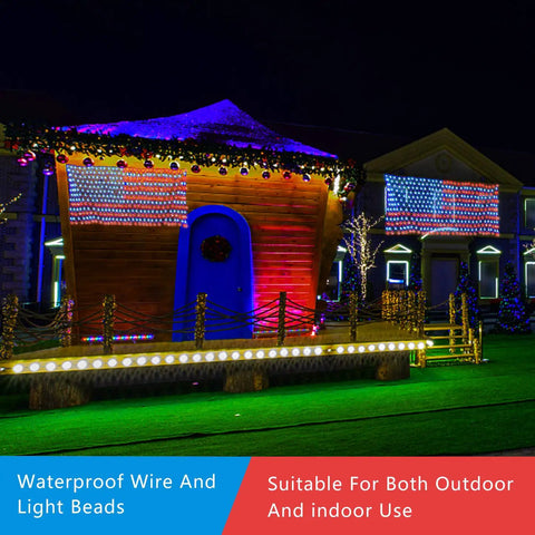 Patriotic Solar Powered LED Flag Net Lights With 420 Bright LEDs decorating a house for outdoor celebrations.