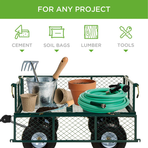 Beast Of A Heavy-Duty Garden Cart With Flatbed Conversion, 400Lb Capacity, holding garden tools, on solid rubber tires.