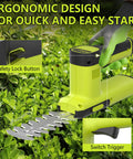 12V Cordless 2 In 1 Hedge Trimmer And Grass Shears With ergonomic grip safety lock button and switch trigger in garden.