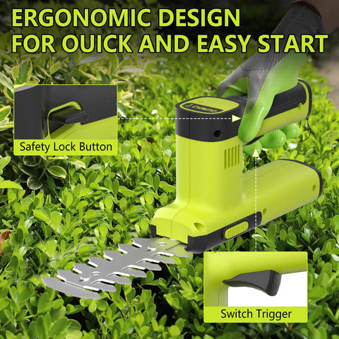 12V Cordless 2 In 1 Hedge Trimmer And Grass Shears With ergonomic grip safety lock button and switch trigger in garden.