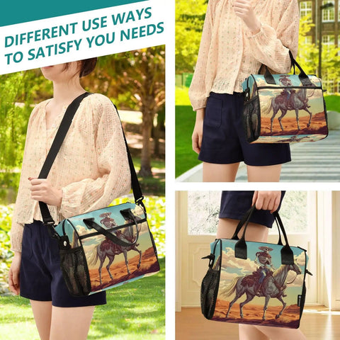 Desert Cowboy Insulated Lunch Bag With Detachable Shoulder Strap Reusable Tote Cooler worn crossbody outdoors