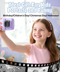 Kid Friendly Instant Print Camera With 1080P Photos Dual Lens For Wide And Close Shots Includes 32GB Card Easy To Use And Doodle Ready Fun Purple Color For Tiny Trendsetters held by smiling girl