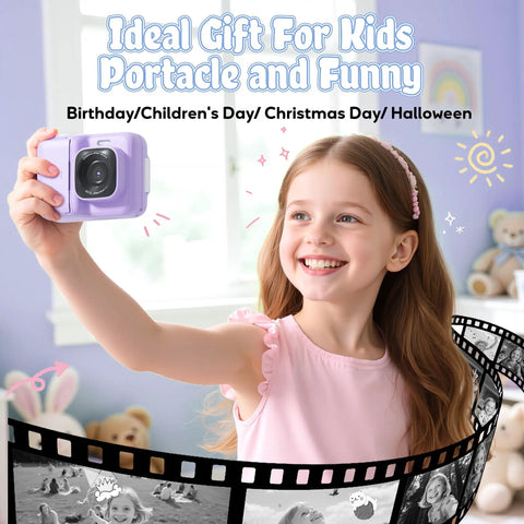 Kid Friendly Instant Print Camera With 1080P Photos Dual Lens For Wide And Close Shots Includes 32GB Card Easy To Use And Doodle Ready Fun Purple Color For Tiny Trendsetters held by smiling girl