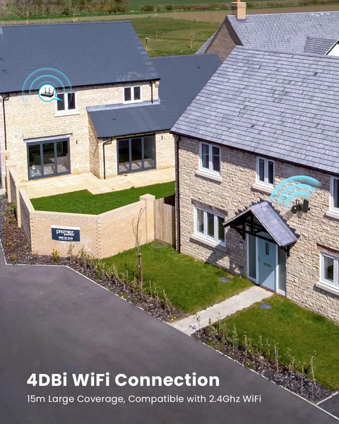 Aerial view of two houses with 4DBi WiFi coverage, compatible with 2.4GHz for 2K Wireless Outdoor Security Camera With 360 Degree Pan Tilt