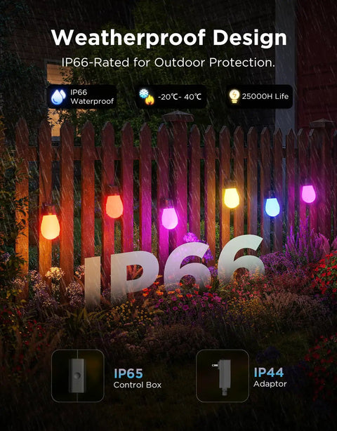 Lit Outdoor String Lights 96ft Dual Rope RGBIC LED Bulbs With 111 Scene Modes by a fence, IP66 Weatherproof in rain