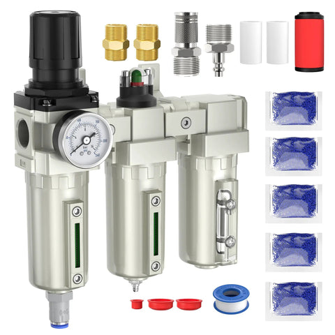Industrial Grade 3/4 Inch NPT Air Compressor Water Separator With 3 Stage Drying System features metal bowl and auto drain.