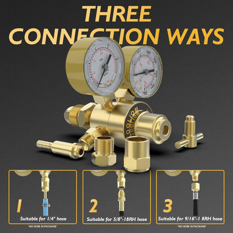 Front view: TOOLIOM Argon/CO2 welding regulator for MIG/TIG with dual gauges and brass adapters