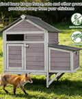 Outdoor Wooden Chicken Coop For 2 To 3 Hens With Nest Box, Waterproof Roof, shown with fox illustrating predator proof latch