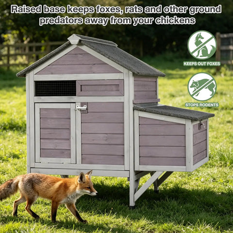 Outdoor Wooden Chicken Coop For 2 To 3 Hens With Nest Box, Waterproof Roof, shown with fox illustrating predator proof latch