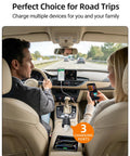 Heavy Duty 200W Car Power Inverter 12V To 120V AC in car with dual USB ports, charging devices during a road trip.