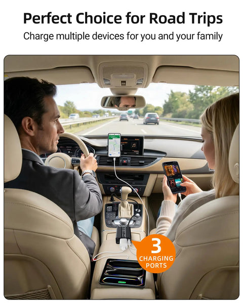 Heavy Duty 200W Car Power Inverter 12V To 120V AC in car with dual USB ports, charging devices during a road trip.