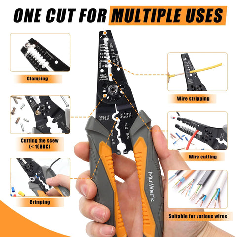 Do It All Automatic Self Adjusting Wire Stripper Cutter And Crimper For Electrical Wires From 8 AWG To 30 AWG shown with multi functions