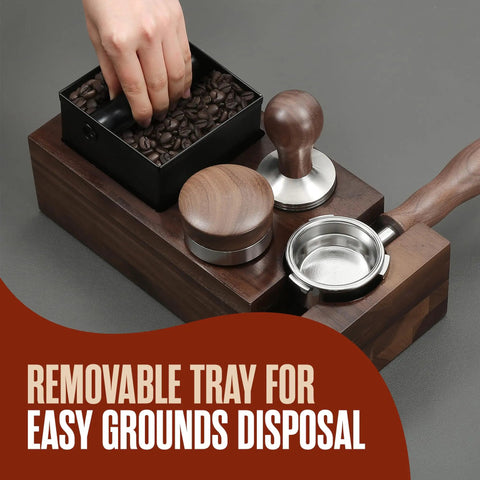 Home Barista Espresso Accessories Set with Knock Box and Tamping Station in brown finish