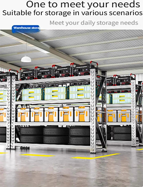 Heavy Duty Garage Shelving Unit With Ultra Wide Metal Beams And Rock Solid Steel Build Acts As A Total Workspace Workhorse Giving You Ample Room For Big Tools And Heavy Gear 78 Inches Tall with stacked boxes and tires.