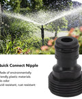 10 Pack G3/4 Plastic Garden Hose Quick Connect Fittings Male Thread Adapters for Power Washers Boats Hose Ends and Nozzles Easy Plug and Play Quick Connect System, shown in lush garden setting with sprinkler in background and close-up of single fitting.