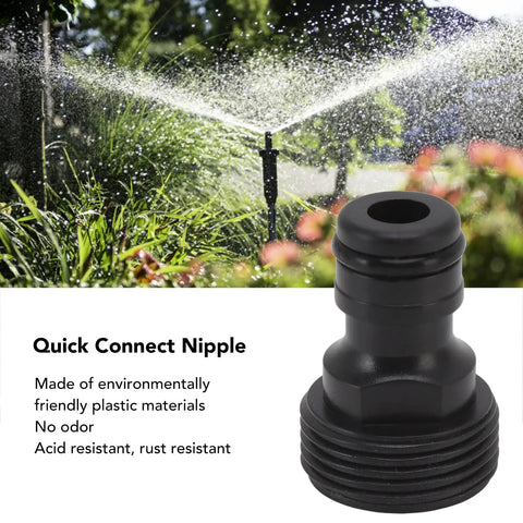 10 Pack G3/4 Plastic Garden Hose Quick Connect Fittings Male Thread Adapters for Power Washers Boats Hose Ends and Nozzles Easy Plug and Play Quick Connect System, shown in lush garden setting with sprinkler in background and close-up of single fitting.