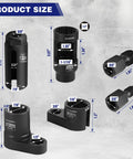6 Piece O2 Oxygen Sensor Socket Set With 3/8 And 1/2 Inch Drive, Includes 7/8 Inch (22mm) Offset Sockets And 1-1/16 Inch (27mm) Thermal Sensor Socket, shown with dimensions.