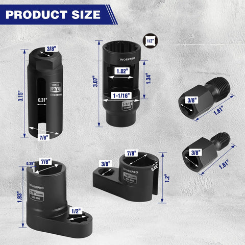 6 Piece O2 Oxygen Sensor Socket Set With 3/8 And 1/2 Inch Drive, Includes 7/8 Inch (22mm) Offset Sockets And 1-1/16 Inch (27mm) Thermal Sensor Socket, shown with dimensions.