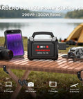 Go To Portable Solar Generator 296Wh Kit with 60W Foldable Panel Included and 300W Pure Sine Wave Power Station on a wooden table in outdoor setting