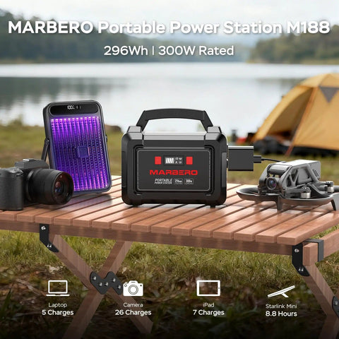 Go To Portable Solar Generator 296Wh Kit with 60W Foldable Panel Included and 300W Pure Sine Wave Power Station on a wooden table in outdoor setting