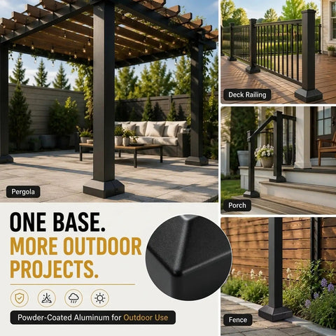 Rock Solid 8 Pack 2X2 Aluminum Square Post Base Flanges With Powder Coated Black Covers used on pergola and deck railing.
