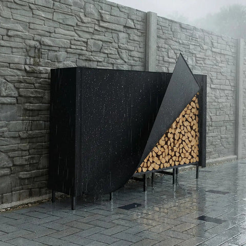 Tough As Nails Heavy Duty Outdoor Firewood Storage Rack With Weather Resistant 600D Cover on patio in rainy weather
