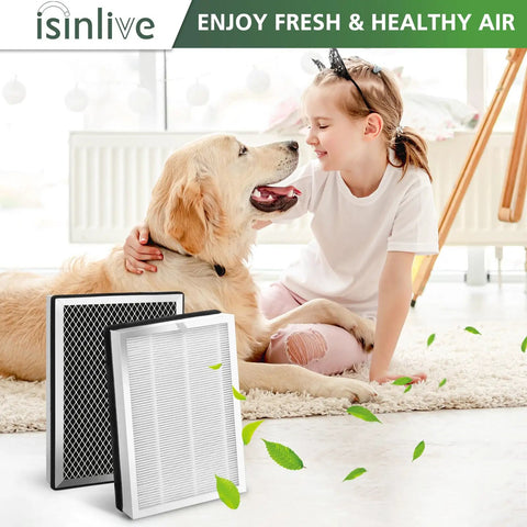4-Pack Replacement Filter For MA Series Air Purifiers 25W 25B 25S, 3 In 1 Activated Carbon Filter next to child and dog indoors