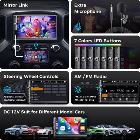 Double Din Car Stereo With 7 Inch HD Touchscreen Wireless Apple CarPlay And Android Auto Bluetooth 240W features overview