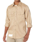 NFPA 2112 Compliant Mens Flame Resistant Work Shirt In Classic Khaki, HRC2 Arc Flash Rated, Heavy Duty FR Uniform Top, XXL, showcasing the shirt's front view.