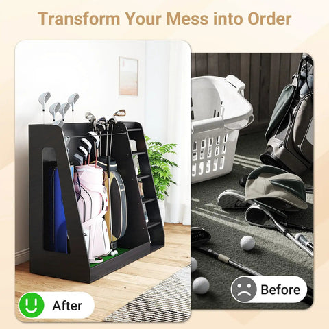 Wooden Golf Bag Organizer With Wheels, Heavy Duty 3-Bag Golf Storage Rack For Garage Or Home holding golf bags and clubs